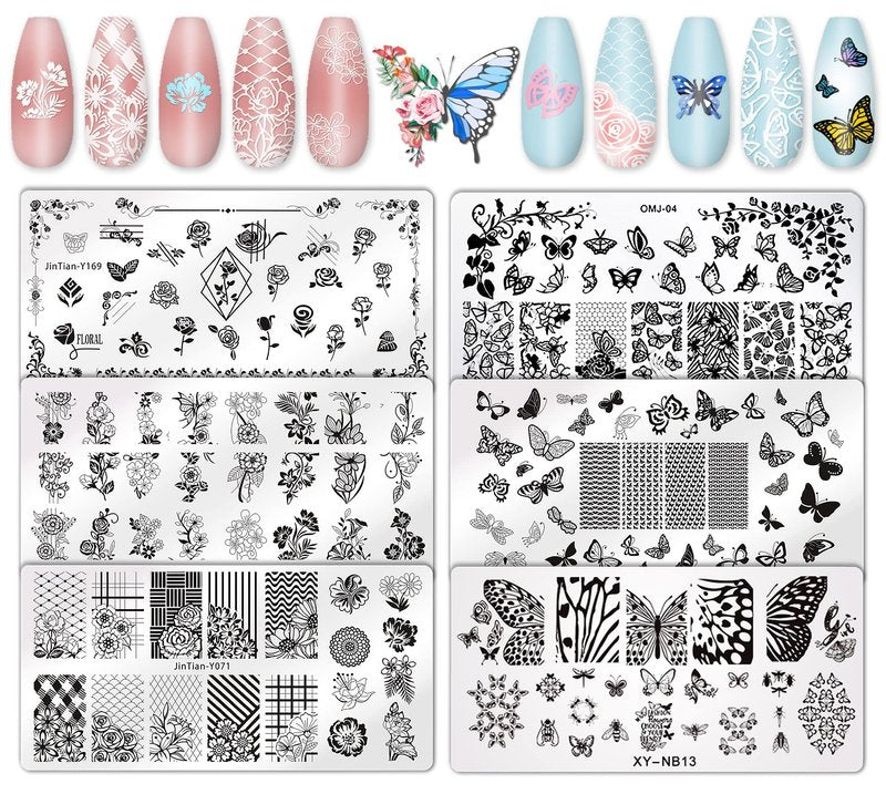Whaline 6Pcs Flower Butterfly Nail Art Plates Rectangular Floral Stamping Plates Butterfly Image Stamp Templates Stamping Kit for Women Spring Summer DIY Print Manicure Salon Design Gift