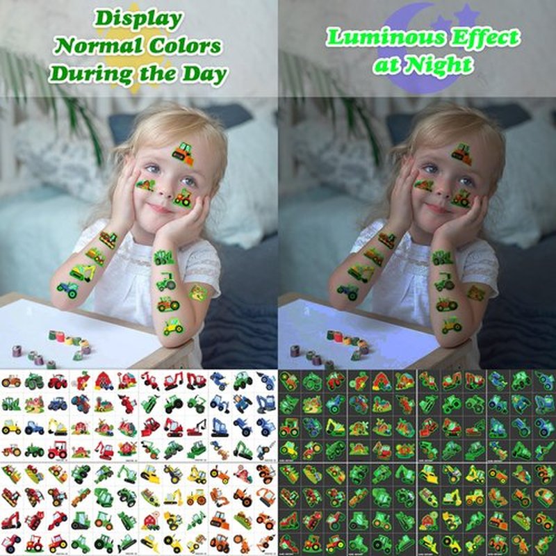 96 PCS Tractor Farm Farmhouse Pre-Cut Luminous Glow in the dark Temporary Tattoos for Kids | Super Cute Theme Birthday Party Favors, Supplies, Decorations, Fake Tattoo Stickers Gifts for Boys Girls