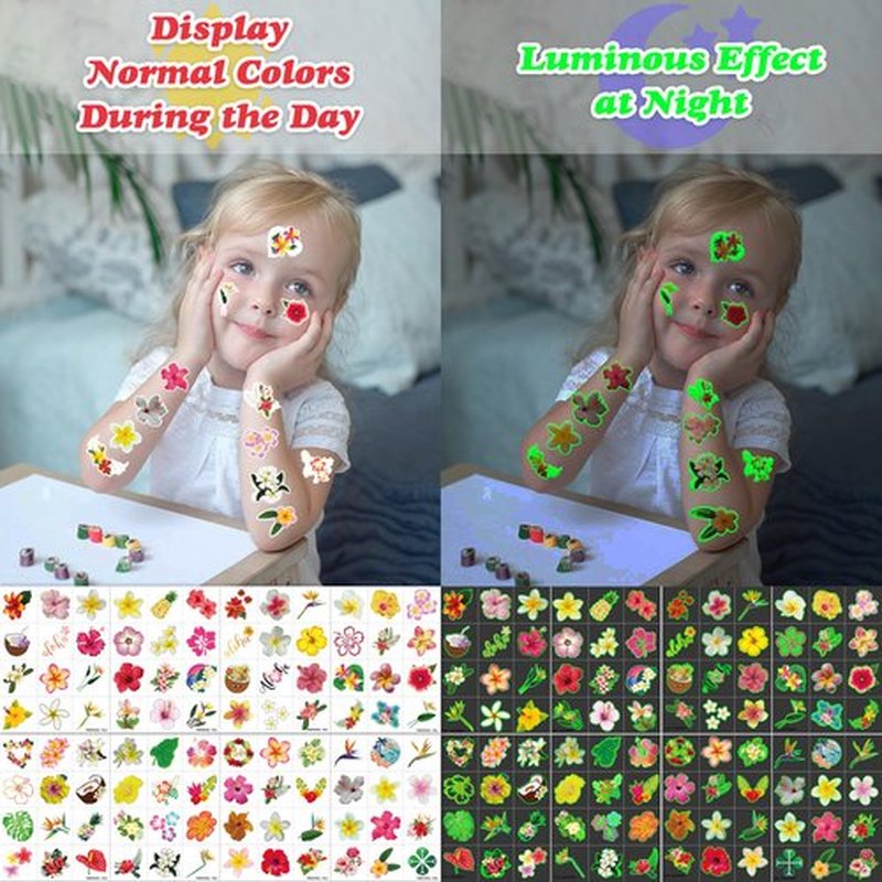 96 PCS Tropical Flower Hawaiian Pre-Cut Temporary Themed Birthday Favors Supplies Décor Cute Luau Gifts For Game Boys Girls Classroom School (Glow In The Dark)