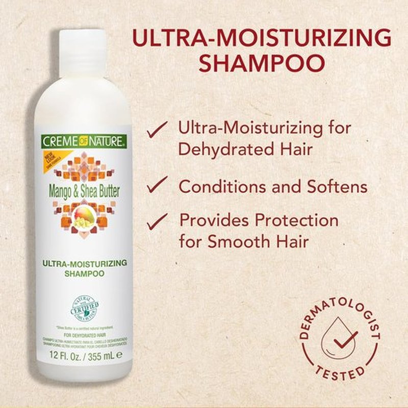 Creme of Nature Mango & Shea Butter Shampoo - Ultra-Moisturizing Cleanser for Curly Hair, 12 oz
