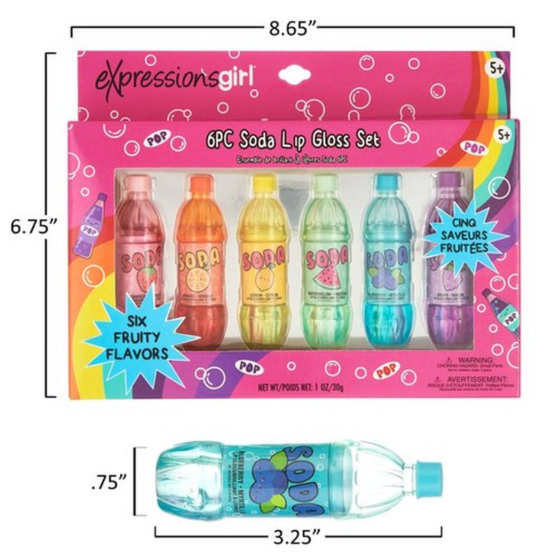 EXPRESSIONS 6pc Soda Pop Lip Gloss Collection - Fruit Flavored, Non-Toxic Soda Bottle Lip Gloss Set, Teen Girls Party Favors