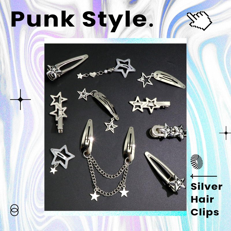 YAEISM 10PCS Star Hair Clips Y2K Silver Hair Clips Metal Star Barrettes 8 Shapes Pentagram Hair Snap Clips Punk Kawaii 2000s Hair Accessories for Women