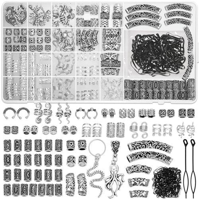 247Pcs Viking Hair Accessories Norse Runes Tube Beads Metal Cuffs Clips Rings, Dreadlock Beads Braids Locs Hair Jewelry Set for Women Men Beard Decoration Bracelets Necklace DIY Silver