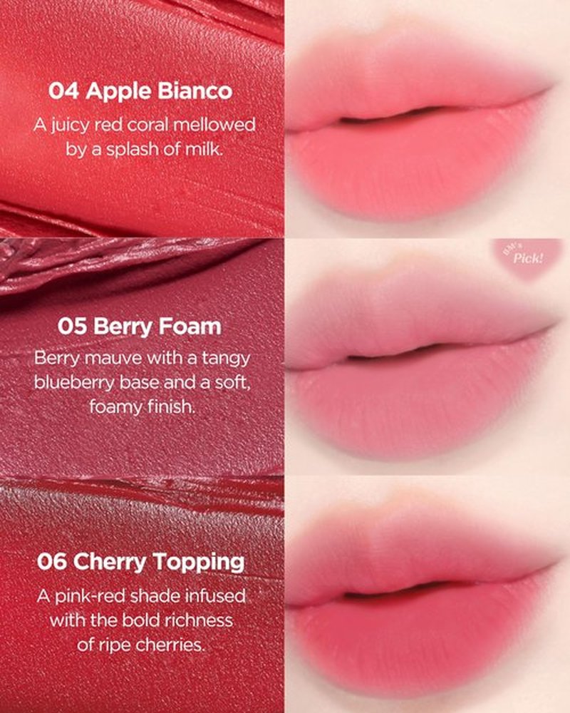THESAEM Saemmy's Crema Velvet Tint - 06 Cherry Topping Pink Red - Korean Velvet Lip Tint Creamy Comfort Plumping Formula - Blurred Finish Long-Lasting Smooth Lips, 0.14 fl.oz.