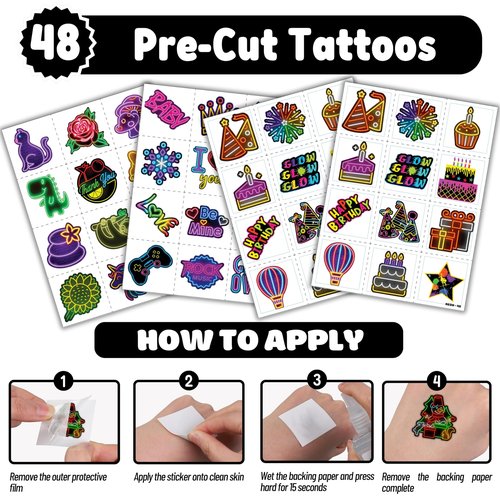Cherisnowy 72 PCS Neon Party Set - 48 Neon Temporary Tattoos, 24 Slap Bracelets Wristbands - Fun Glow Party Supplies for Birthday, Baby Shower, Classroom Rewards, Decorations & Gifts for Kids