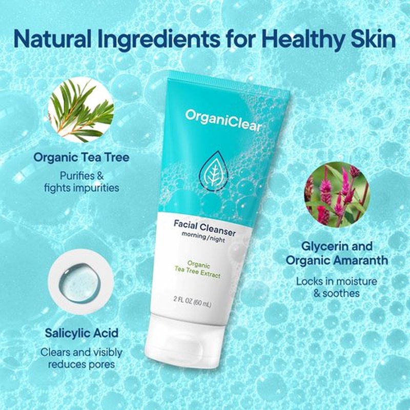 OrganiClear Facial Cleanser w/Organic Tea Tree & Salicylic Acid – Gentle Daily Foaming Gel Face Wash for Deep Cleansing & Makeup Removal – Unclogs Pores, Eliminates Dirt & Oil - No Dryness, (2 oz)