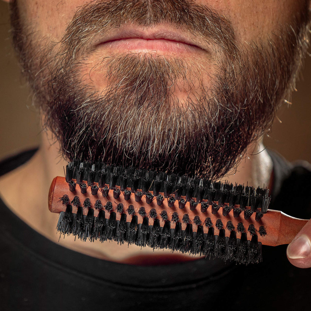 ZilberHaar - Styler Hair and Beard Round Brush - 1.3 Inch Stiff Boar Bristles and 8.5 Inch Pearwood Handle - 222 Plugs of Bristles - Beard Grooming Brush for Men