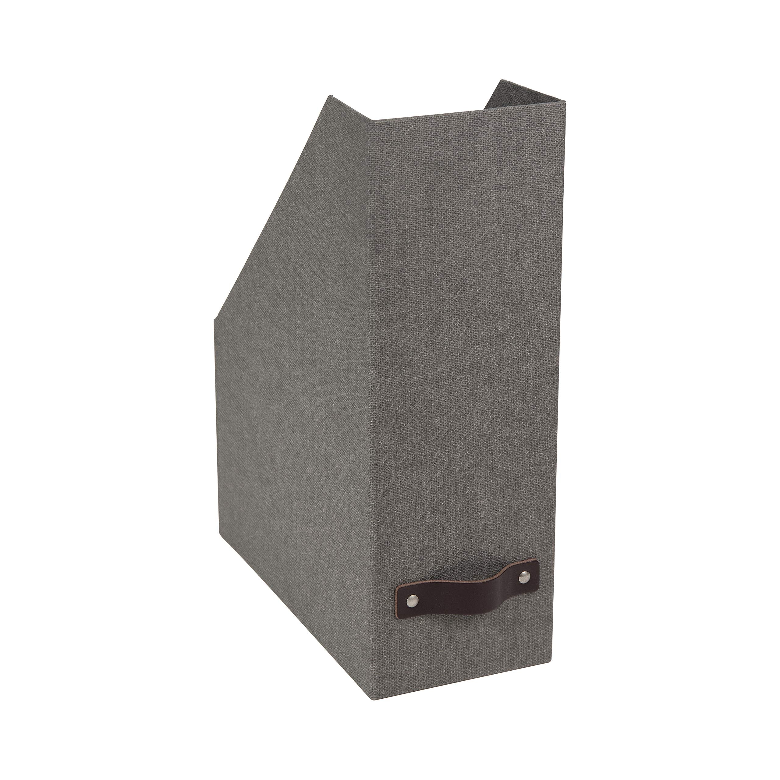 Bigso Box of Sweden Estelle Canvas Fiberboard Upright Magazine Storage Box Organizer for Papers & Catalogs w/Leather Handle | Magazine File Holder for Office Desks | 12.6" x 4.5" x 9.8" | Gray