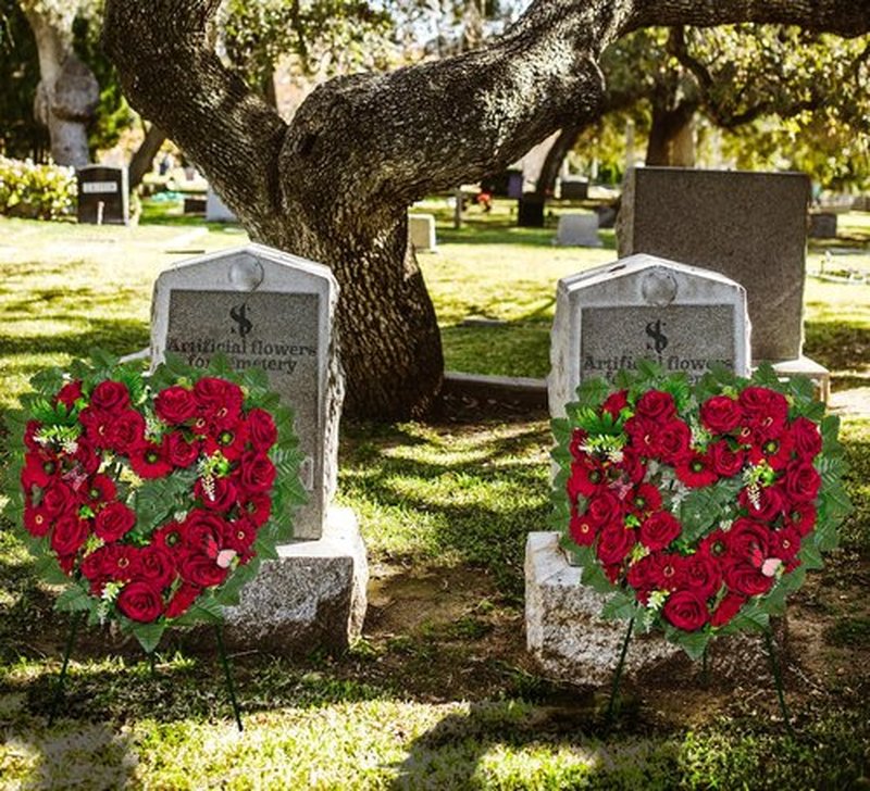 Regine Switzerland Cemetery Wreath - Heart-Shaped Memorial Floral with 30-Inch Easel Stand | Red Rose Design