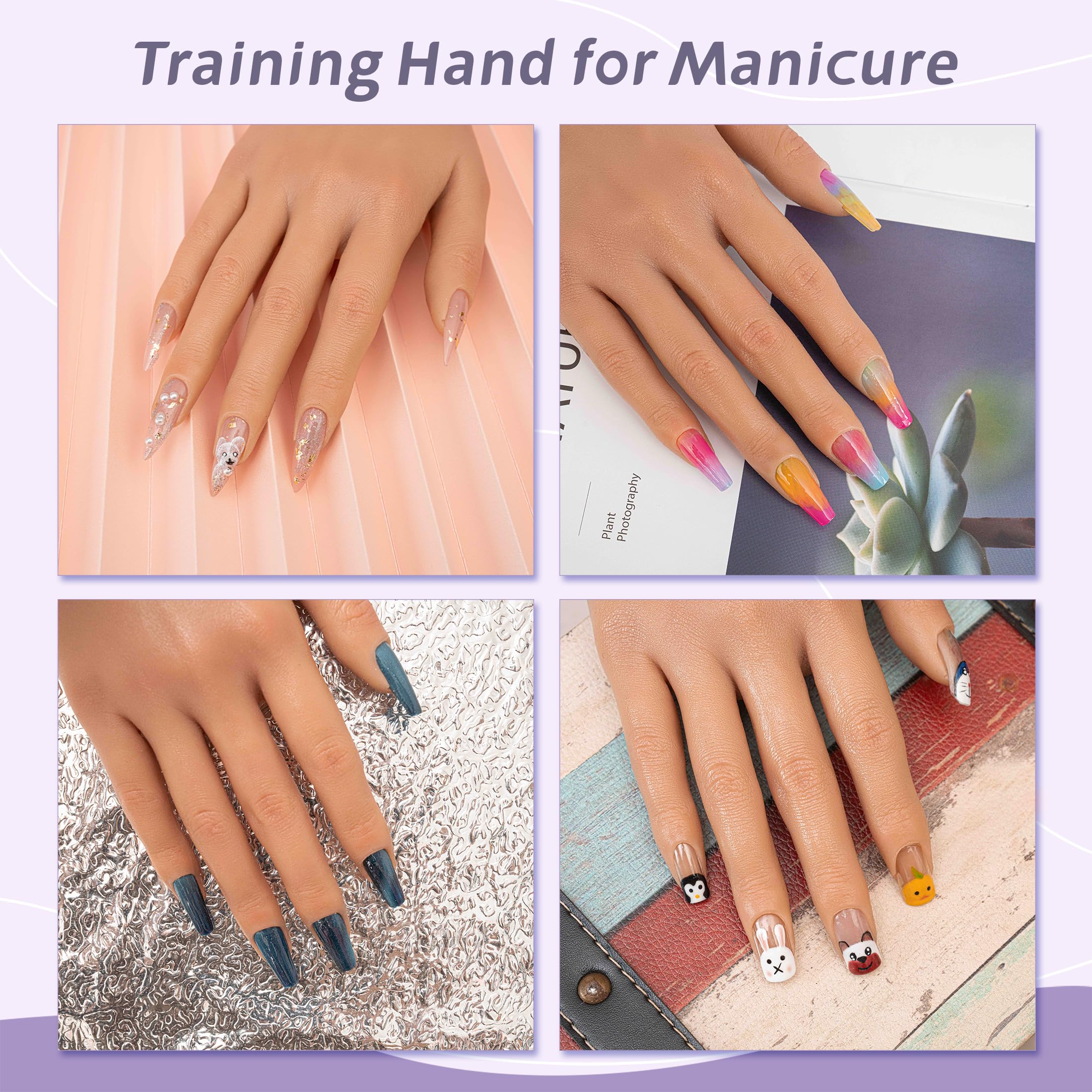Veikmv Nail Silicone Practice Hand For Acrylic Nails Training Fake Hand Nail Art Practice Tools Hand Tattooed Nail Jewelry Showcase Supplies Manicure Beginners suits