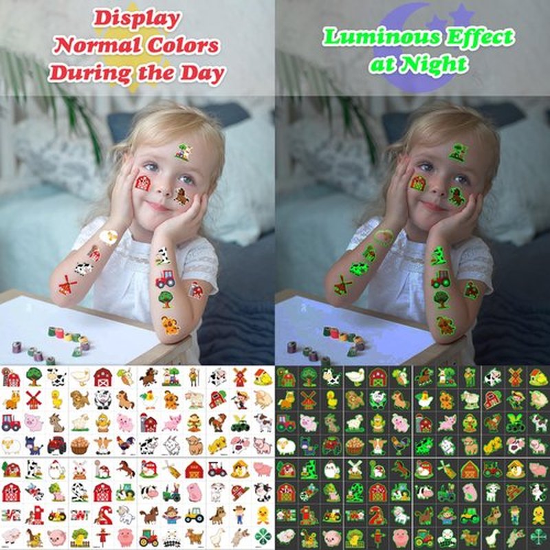 96 PCS Farm Barnyard Animal Glow In The Dark Pre-Cut Temporary Tattoos Sticker 1st First 2nd Birthday Decorations Party Favors Supplies Gift Boy Girl Farmhouse Tattoo School Reward Themed (Luminous)