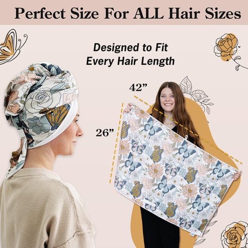 BlairCo. Microfiber Hair Towel Wrap for Women - Anti-Frizz Quick Dry Hair Wrap for Long Hair - Hair Towels for Women, Hair Drying Towel Wrap - Floral Butterfly