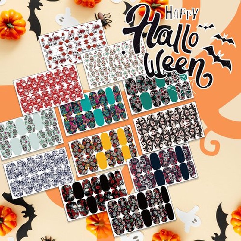 TailaiMei 12 Sheets Day of The Dead Nail Wraps Strips Stickers, Día de Muertos Self-Adhesive Halloween Skulls Nail Art Decals for DIY Horror Nail Decorations (Skull Style)