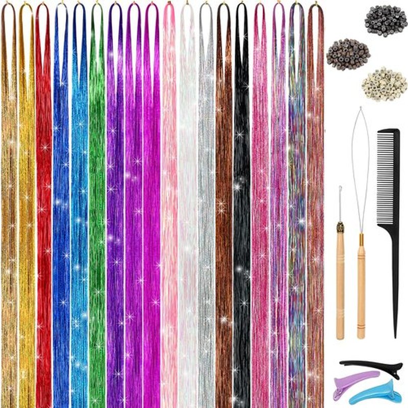 Hair Tinsel Kit, 18 Colors 48 Inches, Fairy Hair Tinsel Hair Extensions Heat Resistant with Tools, Hair Accessories for Women Girls 7200 Strands (Hair Tinsel Kit, 18 Colors)