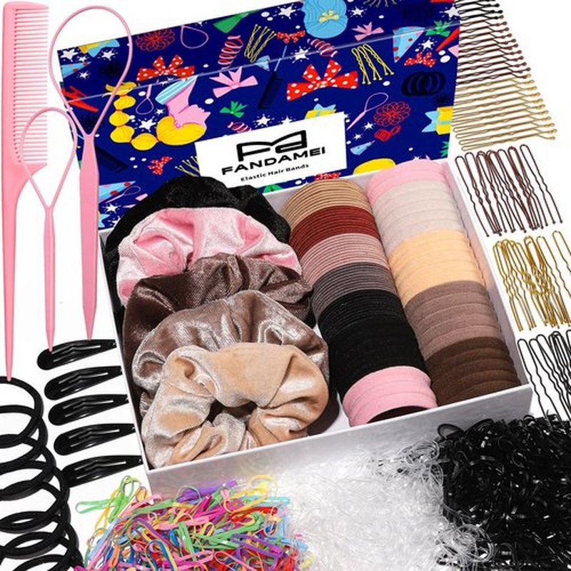 FANDAMEI Hair Ties Kit for Women, Velvet Scrunchies, Elastic Rubber Bands, Seamless Hair Ties, Hair Clips, Bobby Pins, U Shaped Hair Pins for Styling, Hair Accessories Kit