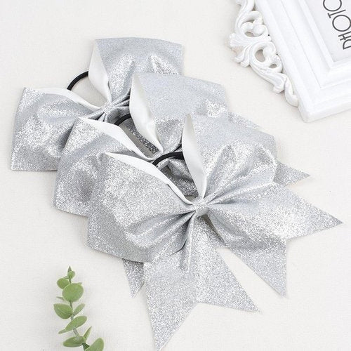 16 PCS 8" Large Glitter Cheer Bows for Cheerleaders, CN Sparkly Hair Bows with Elastic Hair Ties Accessories for Teens Girls Women Cheerleading Softball Competition Sports (Silver)