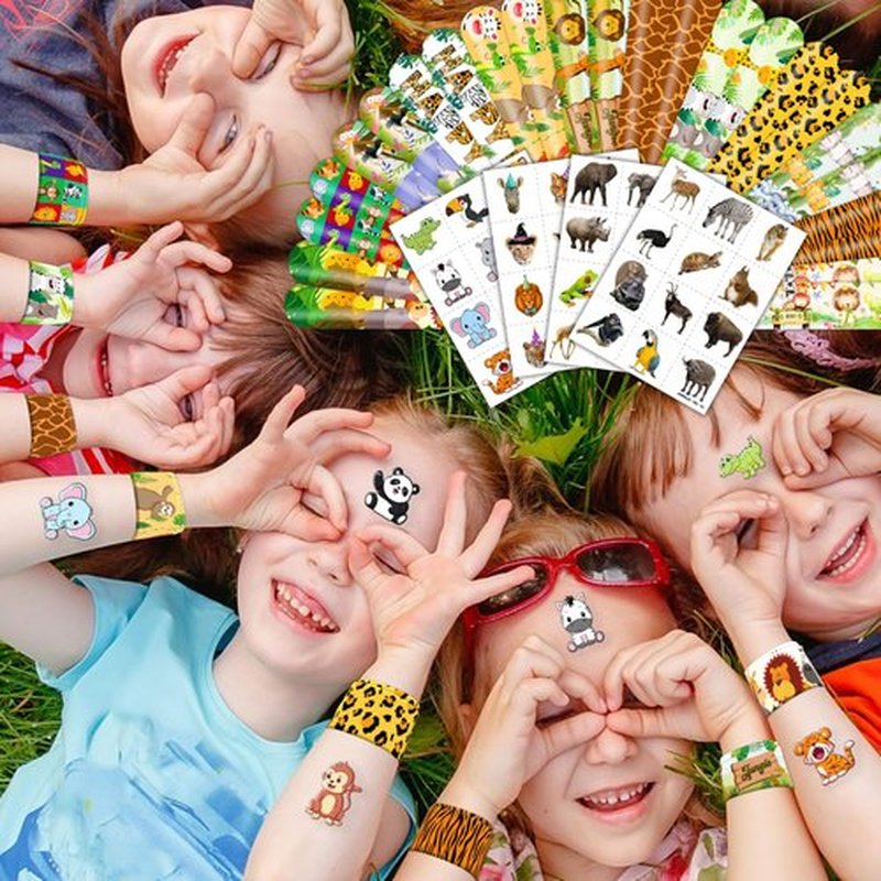 Cherisnowy 72PCS Jungle Party Set - 48PCS Temporary Tattoos & 24PCS Slap Bracelets Safari Themed Birthday Supplies, Baby Shower Gifts, Classroom Rewards & Party Decor for Kids (Boys & Girls)