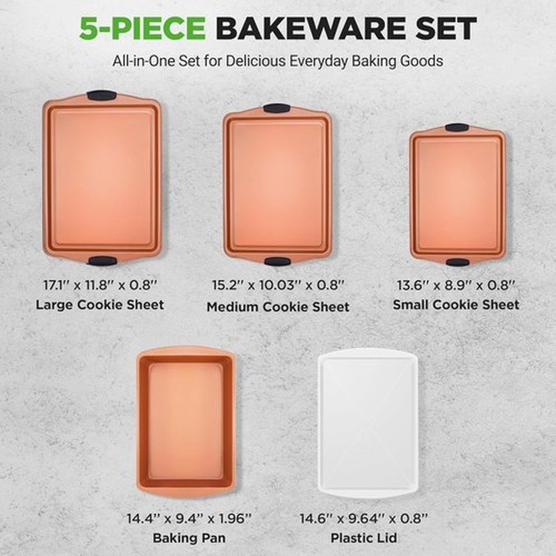 NutriChef 5-Piece Non-Stick Bakeware Set - Premium Carbon Steel Pans with Silicone Handles for Cookies & Roasting