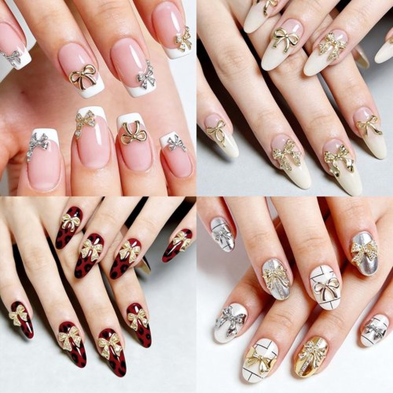 240Pcs Gold and Silver Bow Nail Charms, 3D Metal Alloy Bowknot Charms with Nail Art Pen & Tweezers for DIY Nail Decor, Jewelry Making, Craft Accessories for Women Girls