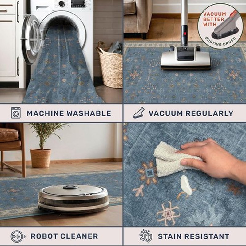 Hazo Haus 10ft Non-Slip Hallway Runner Rug - Washable & Waterproof Blue 2x10 Kitchen Floor Mat | Modern Boho Décor