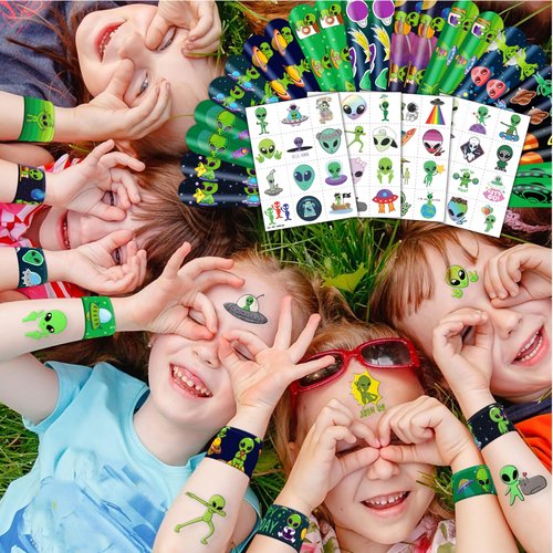 Cherisnowy 72 PCS Alien Party Favors 48 Tattoos Sticker and 24 Slap Bracelets Wristbands Perfect for Space Themed Birthday Baby Showers or Classroom Rewards Ideal Decor and Gifts for Girls and Boys