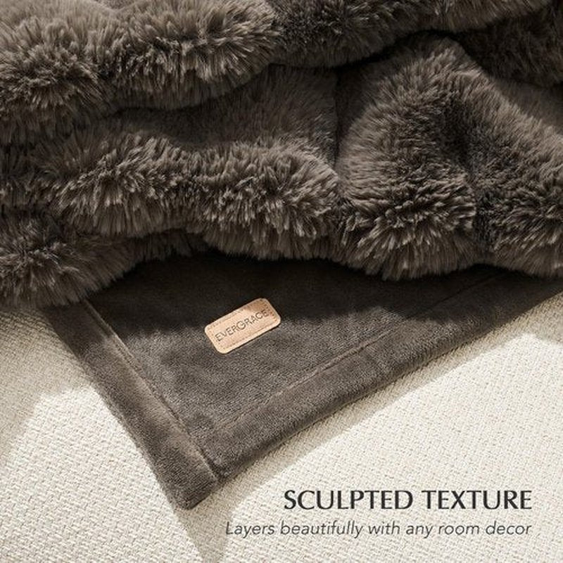 EverGrace Ultra Soft Luxury Faux Rabbit Fur Throw Blanket - Thick & Warm Reversible Design, Dark Taupe, 60x80 Inches