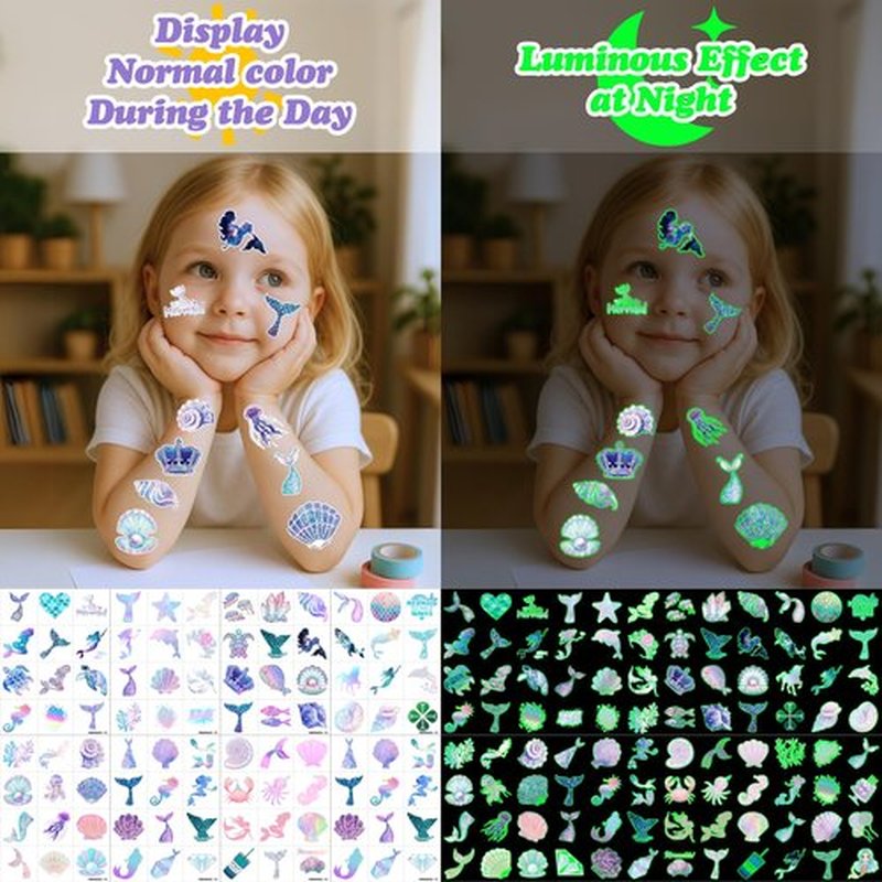96PCS Mermaid Pre-Cut Temporary Tattoos for Kids - Cute Under the Sea Party Favors, Perfect for Ocean Mermaid-Themed Birthdays, School Rewards, and Baby Showers (Glow in the dark)