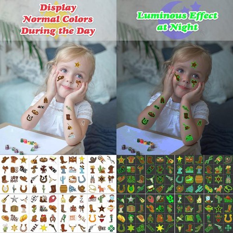 96PCS First Rodeo Pre-cut Temporary Tattoos 8 Sheets Cowboy 1st Party Decorations Favors Supplies Western Theme Birthday Cute Stickers Christmas Gifts Boys Girls Class School Prizes (Luminous)