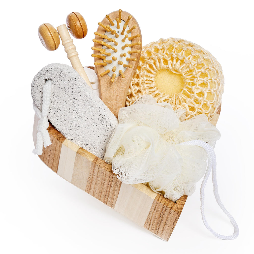 Bella Ciao 6-Piece Body and Skincare Set, Women’s Spa Gift Basket with Face Massage Roller, Hair Brush, Exfoliating Tools and Wooden Tray, Self Care Bath Accessories