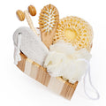 Bella Ciao 6-Piece Body and Skincare Set, Women’s Spa Gift Basket with Face Massage Roller, Hair Brush, Exfoliating Tools and Wooden Tray, Self Care Bath Accessories