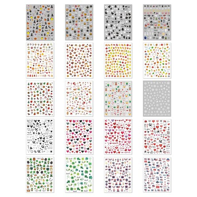 TailaiMei 20 Sheet All Holidays Nail Art Stickers, Mixed Seasons Variety Pack for Halloween Fall Christmas Valentine's Day Nail Decals, Self-Adhesive Design Year Round Assorted Nail Decorations