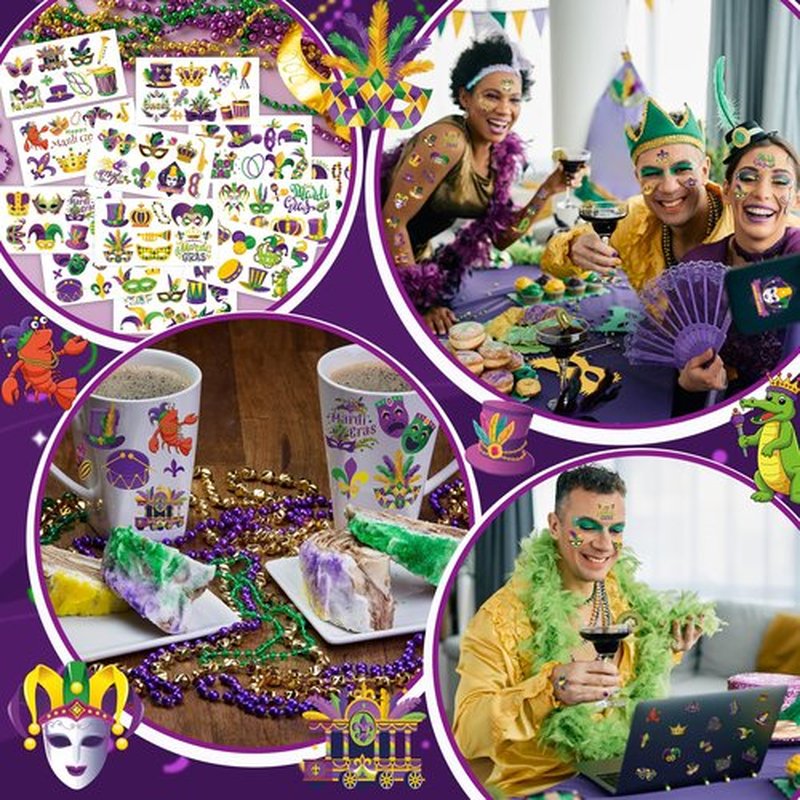 12 Sheets Mardi Gras Tattoos, Mardi Gras Stickers Accessories, New Orleans Carnival Party Favors Crown Mask Tattoos Stickers for Fat Tuesday Parades Masquerade Decorations