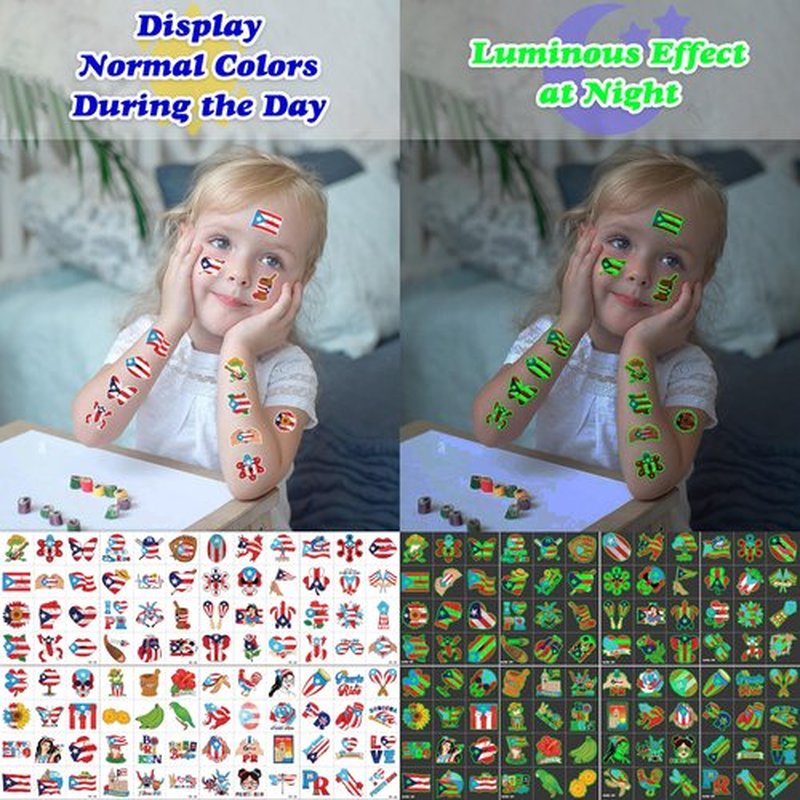 96 PCS Puerto Rico PR Puerto Rican Flag Pre-Cut Luminous Glow in the dark Temporary Tattoos for Kids | Super Cute Themed Birthday Party Favors Supplies Decorations, Fake Tattoos Gifts for Boys Girls