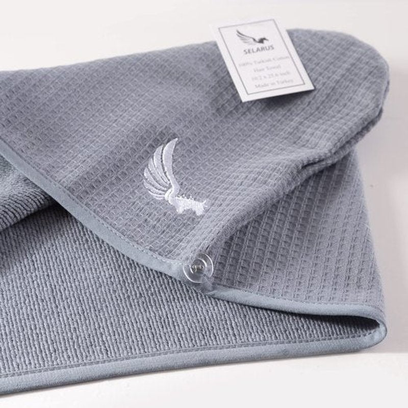 SELARUS 100% Turkish Cotton Hair Towel Wrap for Women,Non Microfiber,Super Absorbent,AntiFrizz,Plopping Hair Drying Waffle Bath Towels for Curly,Long&Thick Hairs,Head Wrap,2 Pack10x26inc (Grey+Grey)
