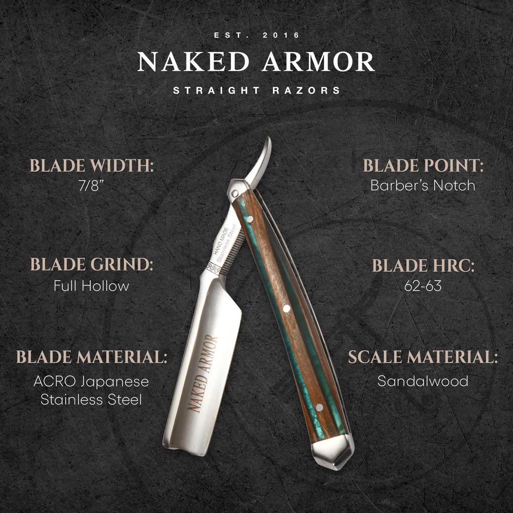 Naked Armor Safir Straight Razor for Men — Shave Ready 7/8" Barber's Notch Japanese Stainless Steel Straight Edge Razor, Sandalwood Scale, Beard Shaping, Leather Case & Gift Box Included