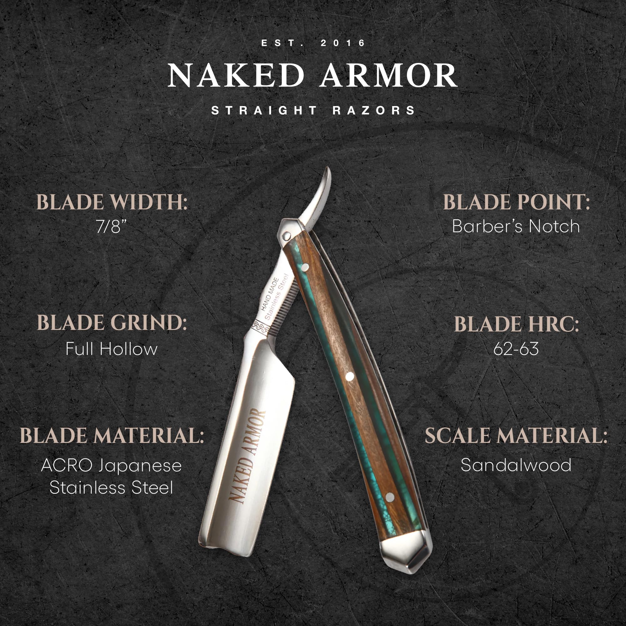Naked Armor Safir Straight Razor for Men — Shave Ready 7/8" Barber's Notch Japanese Stainless Steel Straight Edge Razor, Sandalwood Scale, Beard Shaping, Leather Case & Gift Box Included