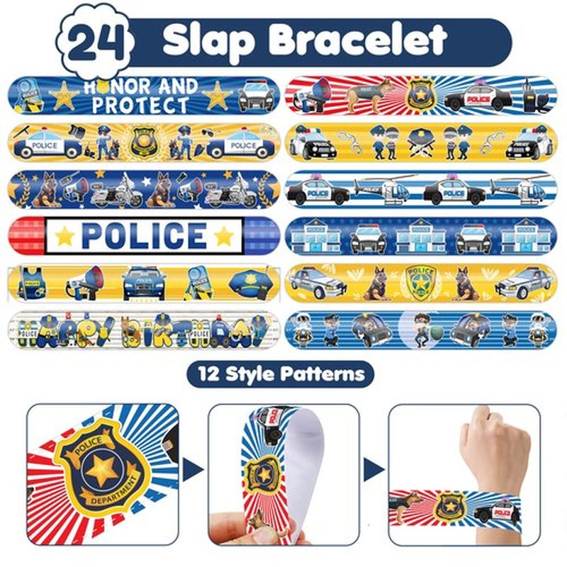 Cherisnowy 72PCS Police Party Set - 48PCS Temporary Tattoos & 24PCS Slap Bracelets - Fun Law Enforcement-Themed Birthday Supplies, Baby Shower Gifts, Classroom Rewards & Decor for Kids (Boys & Girls)