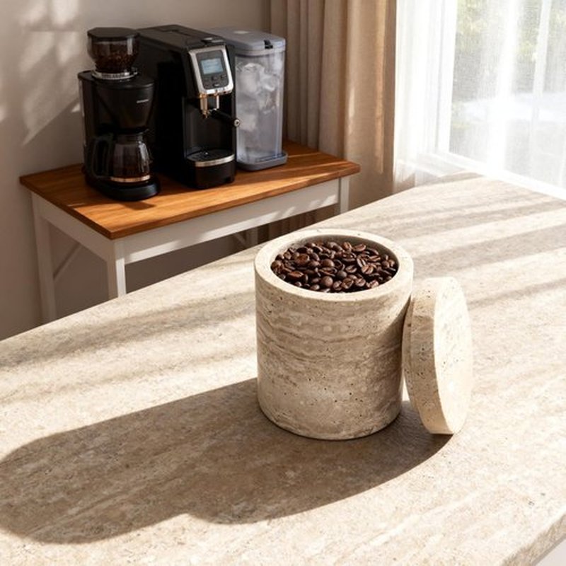 Natural Marble Canister - Elegant Cotton Swab Holder with Lid | Beige White Travertine Storage Solution