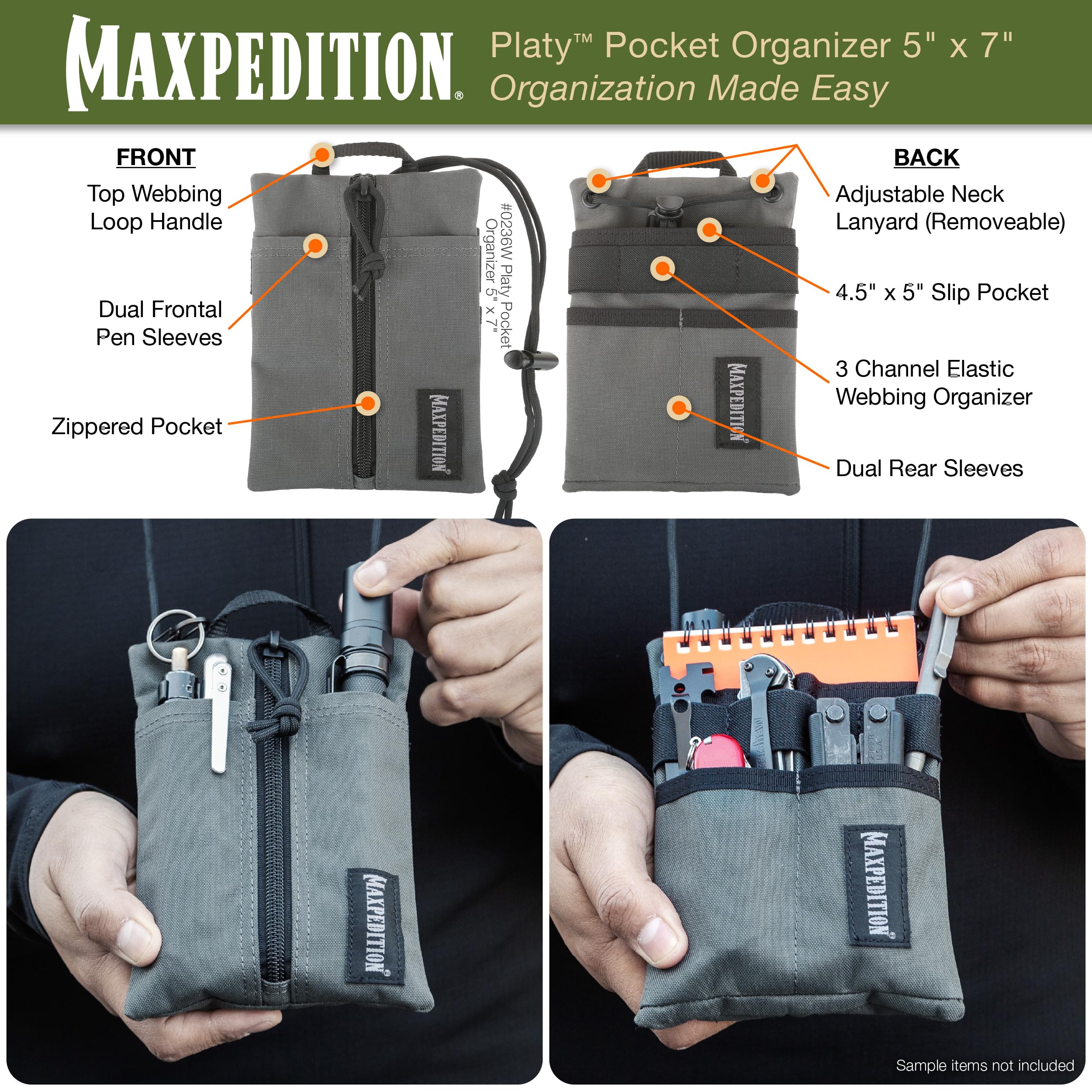 MAXPEDITION Platy Pocket Organizer, Durable EDC Tool Pouch for Men, Neck Wallet with Paracord Lanyard, Holds Flashlight, Multitool, Pen, Notebook (Wolf Gray, 5" x 7")