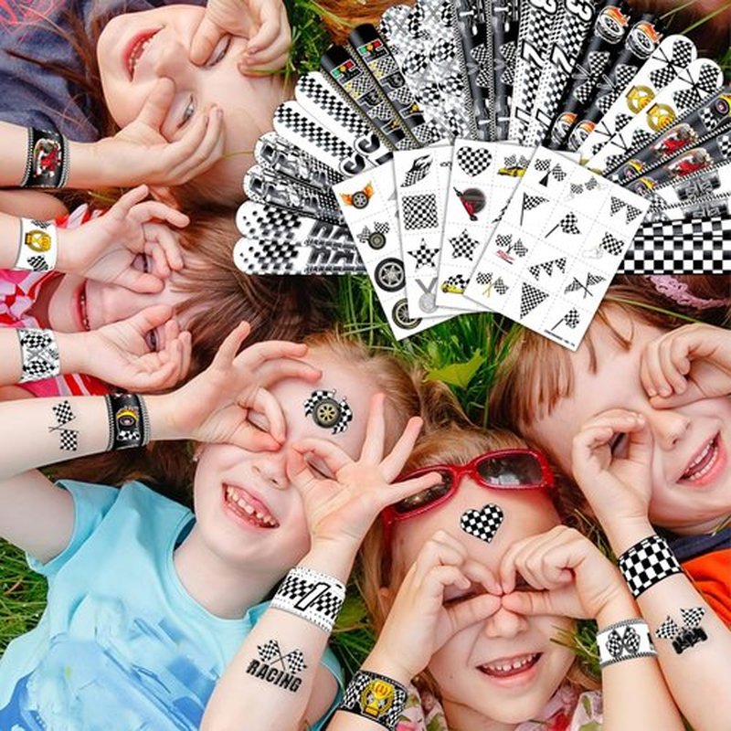 72PCS Checkered Flag Party Set - 48PCS Temporary Tattoos & 24PCS Slap Bracelets - Racing-Themed Birthday Supplies, Baby Shower Gifts, Classroom Rewards & Party Decor