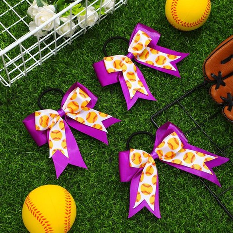 MTLEE 9 Pcs 5.1 Inch Purple Softball Ribbon Hair Bows Elastic Cheer Scrunchies Cheerleader Bows Volleyball Sports Ball Ponytail Holder Sport Hair Accessories for Girl Player