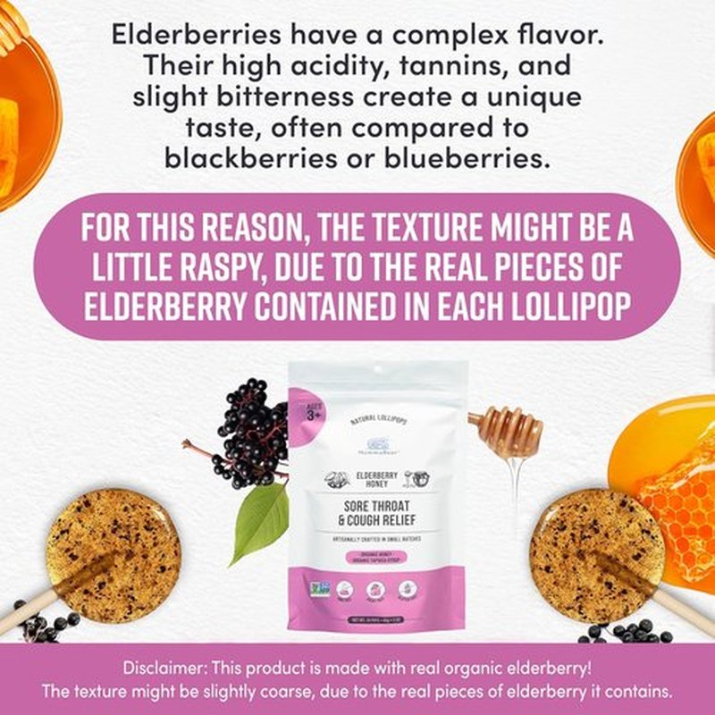 MommaBear Natural Sore Throat Care Lollipops - Organic Elderberry & Honey Kids Cough Treats | 10 Pack, No Artificial Additives