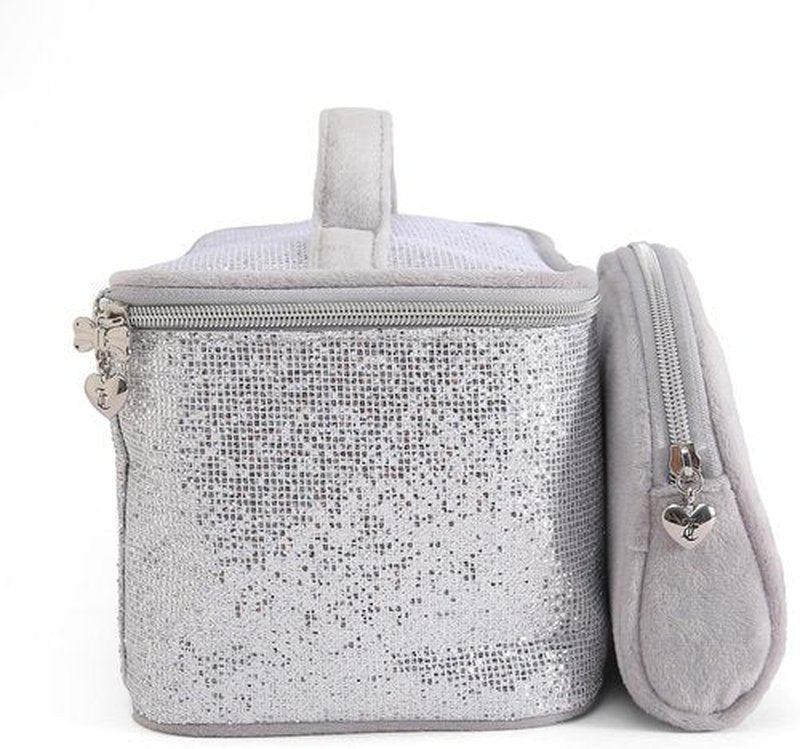 Juicy Couture Silver Sparkle Makeup Bag Set - Glittery Cosmetics Organizer & Travel Case