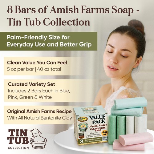Amish Farms Soap Value Pack– 8 Easy-to-Grip Hydrating Bars (5 oz Each, 2.5 lb) | Cold-Process, USA Made for Sensitive Skin, Face, Hair & Body | Gentle Clean Scent Original Recipe – Tin Tub Collection