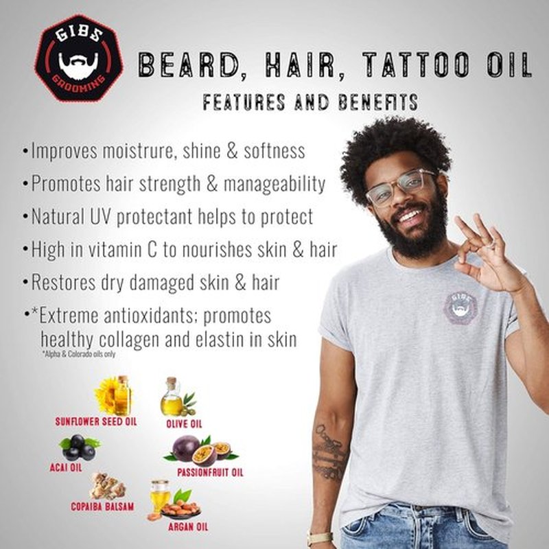 GIBS Grooming - Beard Oil & Tattoo Oil - Softens, Strengthens & Moisturizes Skin - 1 fl oz Travel Size