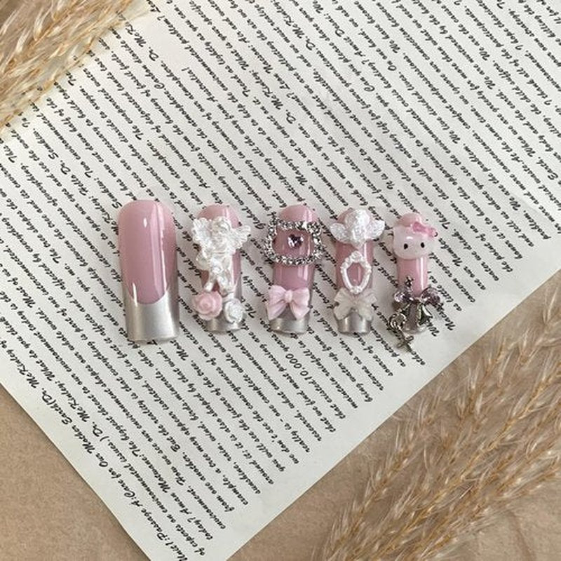 BABALAL Acrylic Press on Nails Fake Nails, Long Square, Silver Chrome, French Tip, with Kitten Angel Bow Charm, Y2k Luxury, Handmade, 24Pcs Trendy Glossy Full Cover False Nails with Glue