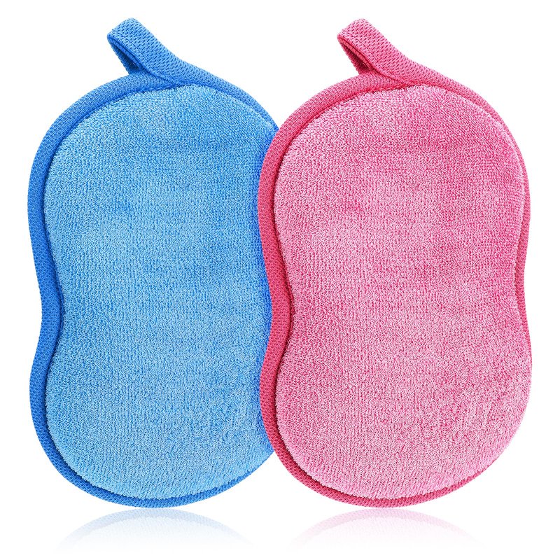 2Pcs Soft Bath Sponge, Cotton Shower Sponge Absorbent Gentleness Exfoliating Body Scrubber Shower Skin Friendly Comfort Bathing Tool for Men Women All Skin Type (Blue,Pink)
