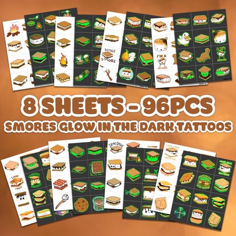 96PCS Smores Pre-Cut Temporary Tattoos Campfire Birthday Party Decorations Favors Supplies Camping Baby Shower Themed Stickers 8 Sheets Gifts for Kids Girls Boys Decor Class School (Luminous)