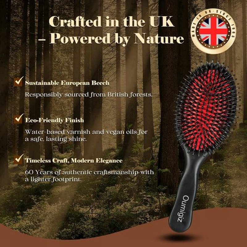 OUMIGIZ Boar Bristle Hair Brush Since 1965 British Craftsmanship, Handmade Natural Wood Slick Back Hairbrush, Soft Bristles Gentle Detangling Smoothing Women Men Kids Long Curly Thick,Thin, Fine Hair