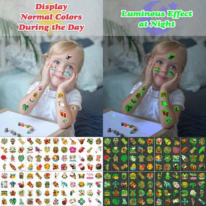 96 PCS Hawaiian Pre-Cut Tattoos Birthday Party Decorations Supplies Favors Tiki Hawaii Luau Hibiscus Temporary Tattoos Flower Tropical Summer Beach Aloha Palm Stickers School Prizes Rewards (Luminous)